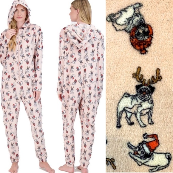 New NWT NYC Underground Dog Pug Printed Holiday One Piece Pajamas Plush Hooded - Picture 1 of 14